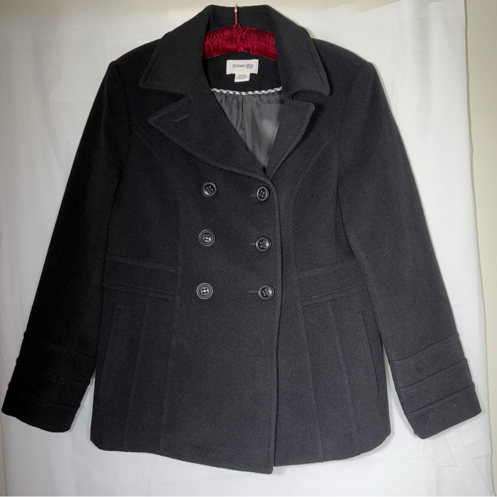 Black Wool Coat Women Double Breasted Classic Jacket Minimalist Large